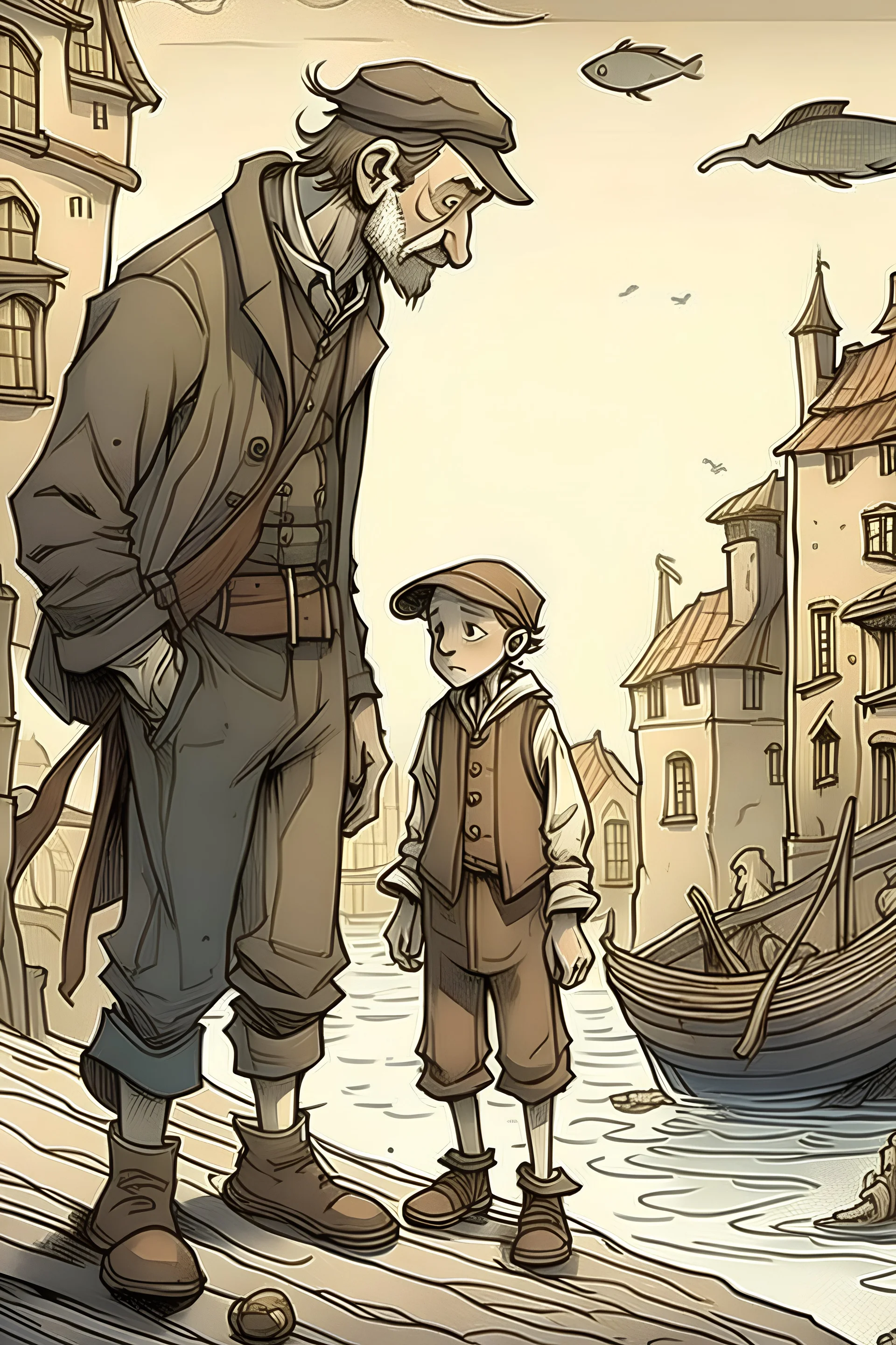 I want a picture that looks like it was hand-drawn of a fisherman standing with a rich man in an old city picture for children