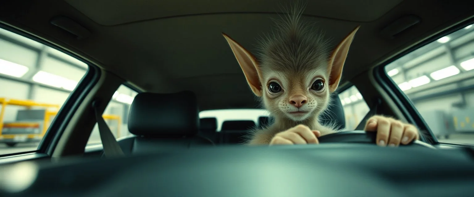 extreme close up on cheeky fluffy weasel cowboy elf family scumbag in the car in the style of Escher and Giger and Fallout 4, pinhole cam, airbrush 3d rendering, on tv screen:A five-second cinematic single take in a clean industrial presentation hall.
