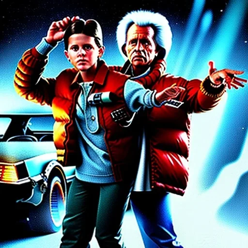 Marty and doctor brown from Back to the Future movie, ultra realistic, high detail, ray tracing, 8k, steam punk, future