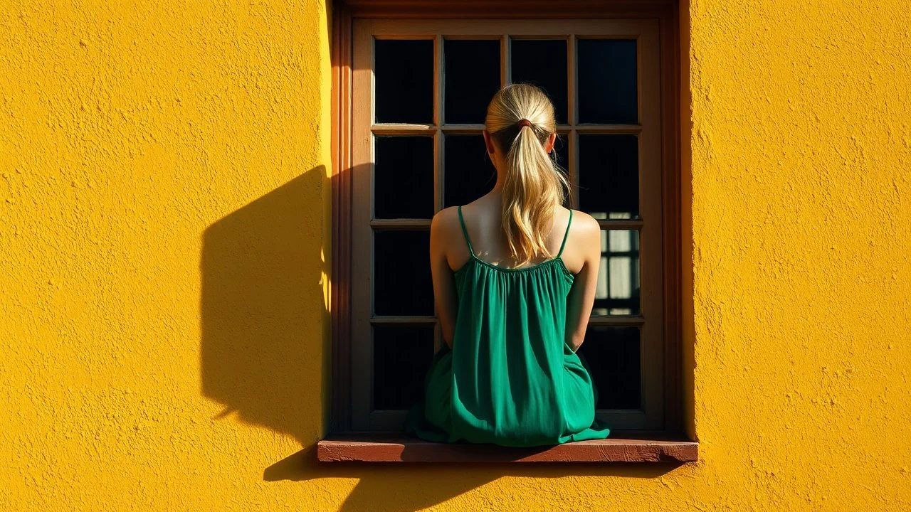 A lone figure of a young woman, seen from behind, sits in a window frame. She is wearing a flowing green dress and her blonde hair is pulled back. The window is set into a textured, bright yellow wall. A strong shadow, cast by an unseen object, stretches diagonally across the lower left portion of the wall, contrasting with the vibrant yellow. The interior of the window is dark, with a hint of a reflection or interior structure visible in the panes. The overall mood is serene and contemplative,