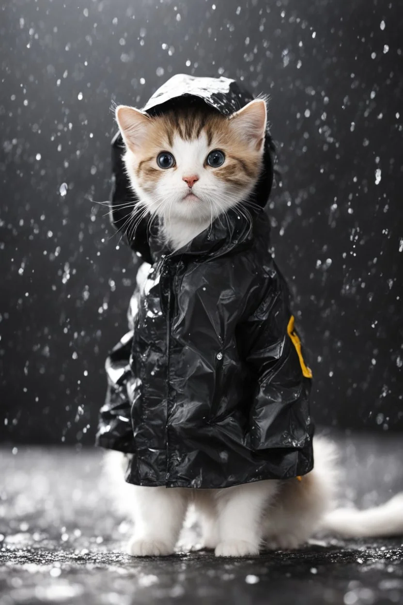baby cat in raincoat. Chibi, Photograph, Canon DSLR, Tilt - shift, black background, high definition, Complete and coordinated composition, 8k
