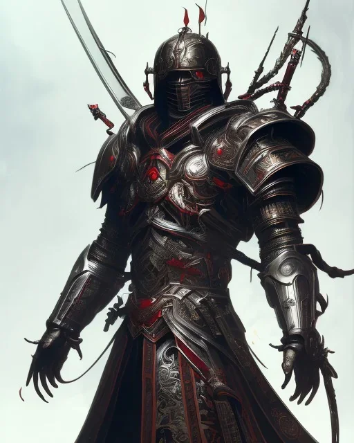 Detailed anime boy, dark brown hair, black and red dragon scale armour, intricate details, full body portrait, keep head in frame, slight smile, black Japanese motif, concept art, highly detailed, digital painting, concept art, sharp focus, illustration, art by Yoji Shinkawa, WLOP and greg rutkowski and alphonse mucha and artgerm and yanjun Chen and Junji ito and Makoto Shinkai, HDR, octane render