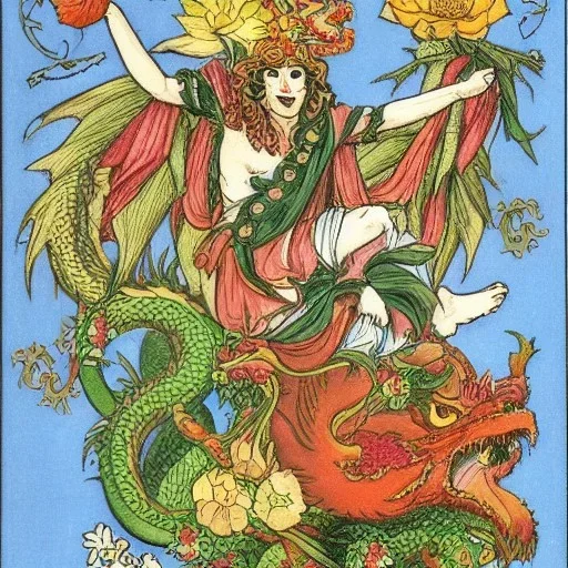 pagan god of flowers and fruits riding on a dragon