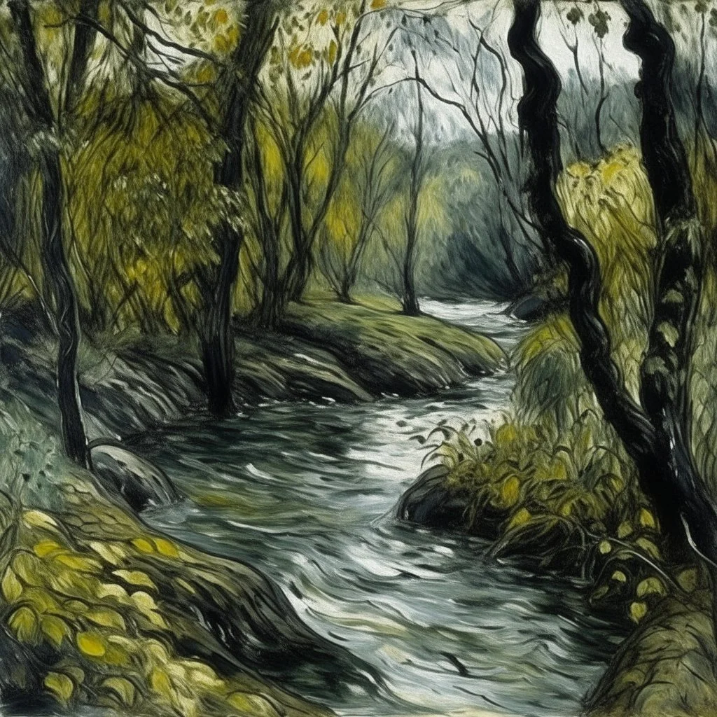 A black thicket with a creek painted by Auguste Rodin