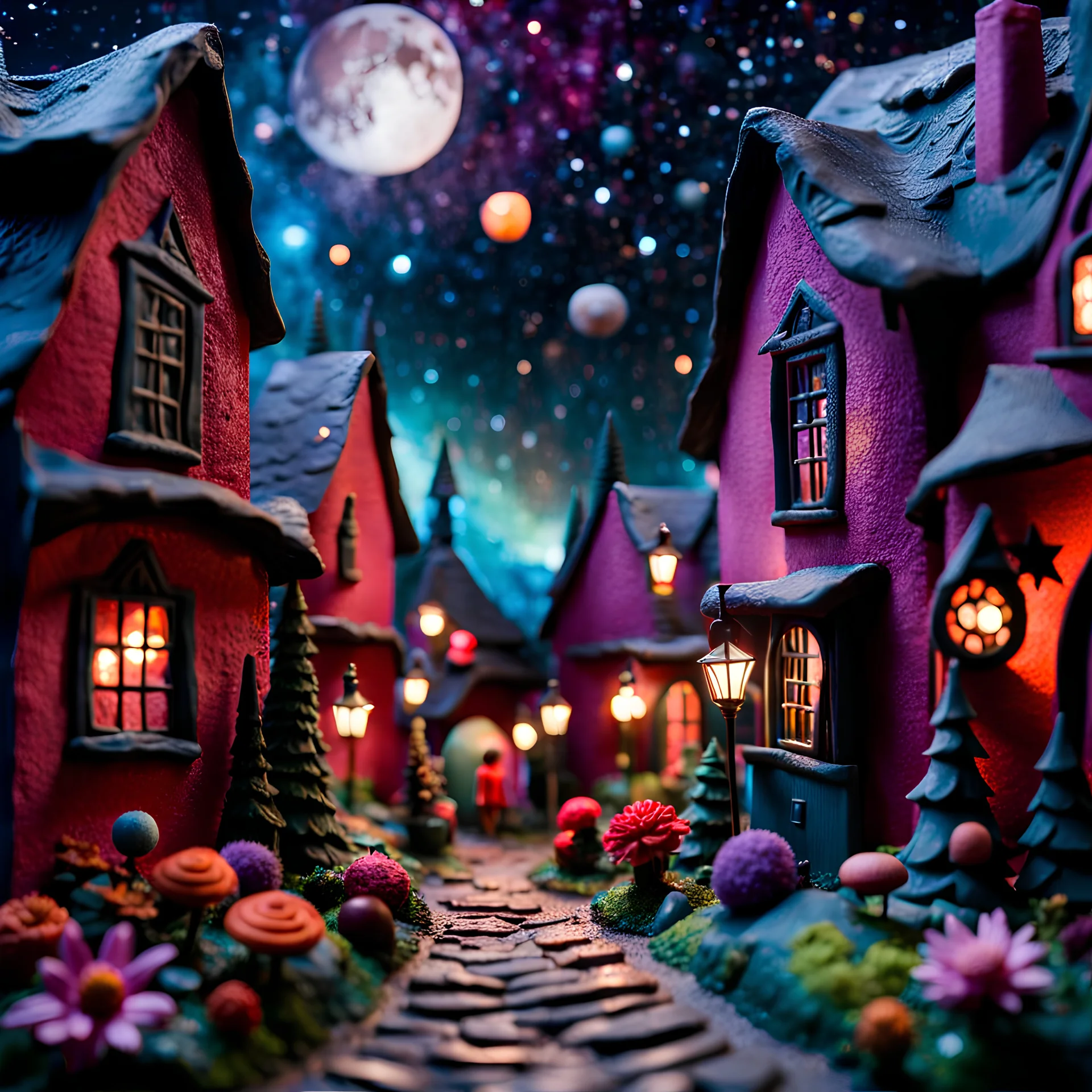 Detailed people, creepy street made of modeling clay, naïve, village, stars and planets, splimapys, sun, splops, volumetric light, giant flowers, naïve, Tim Burton, strong texture, st, orero dream, extreme detail, Max Ernst, decal, rich moody colors, sparkles, Harry Potter, bokeh, odd, sbuc