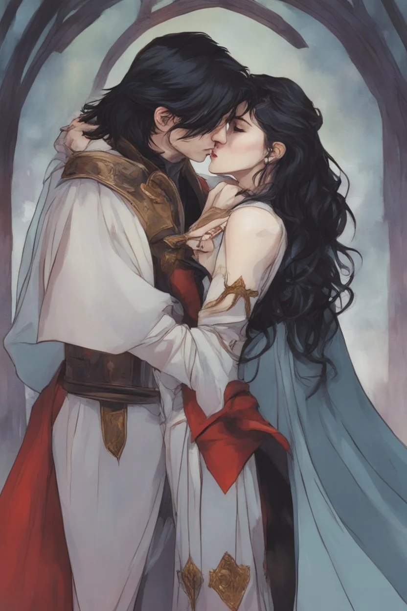 A couple from the dnd game curse of Strahd kissing. She has white hair he has long black hair.