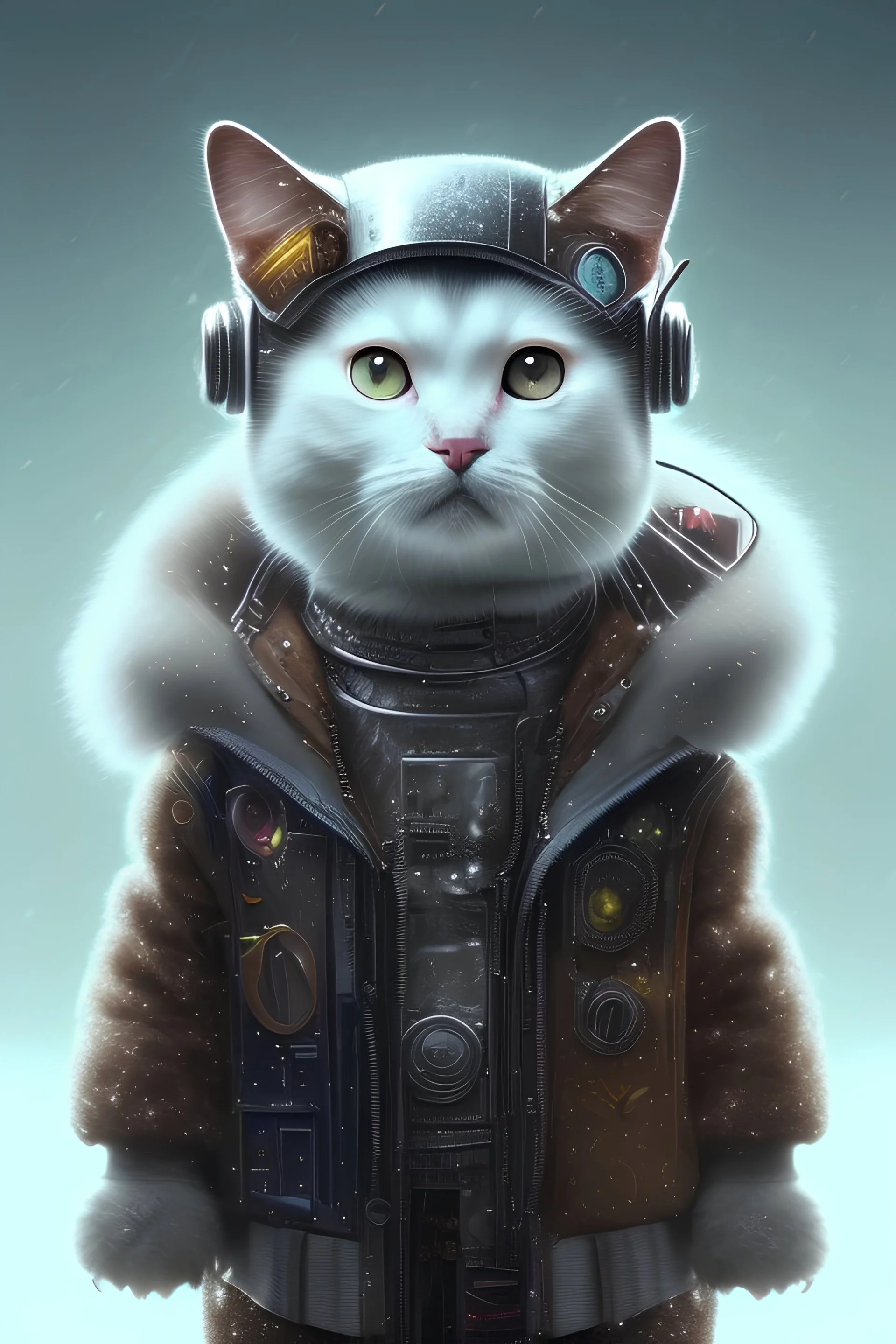 Cyberpunk Portrait of cyborg cat child with brown hair and with cute face, north pole snowy vibe , perfect composition, hyperrealistic, super detailed, 8k, high quality, trending art, trending on artstation, sharp focus, studio photo, intricate details, highly detailed, by greg rutkowski