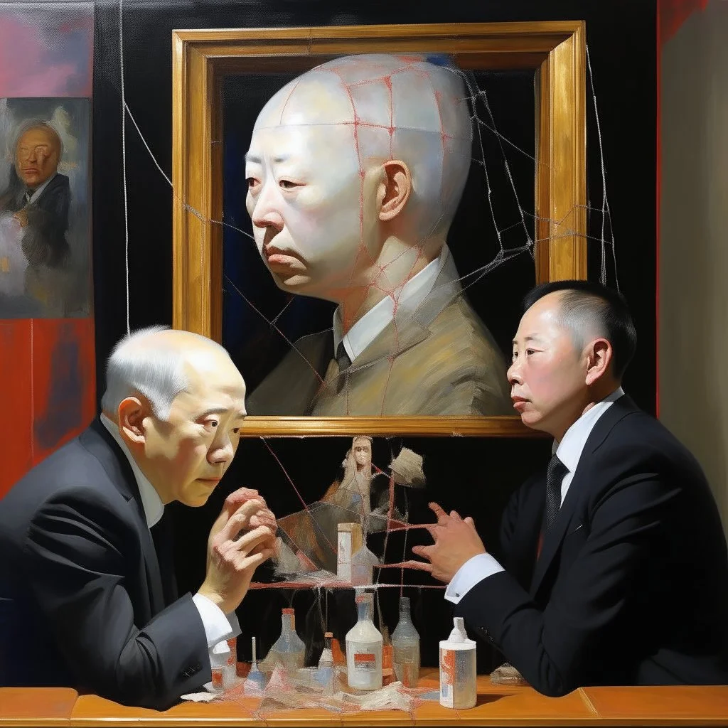 Putin, President Xi Of China And Joe Biden Play Chess With A Pigeon,Ufo And Atomic Bomb Mushroom Cloud,Complex Surgical Instruments Intermixed With A Newborn Boy,Minimalism,Painting By Adrian Ghenie,Rene Magritte,Pablo Picasso,Michelangelo,Salvador Dali,Lucian Freud