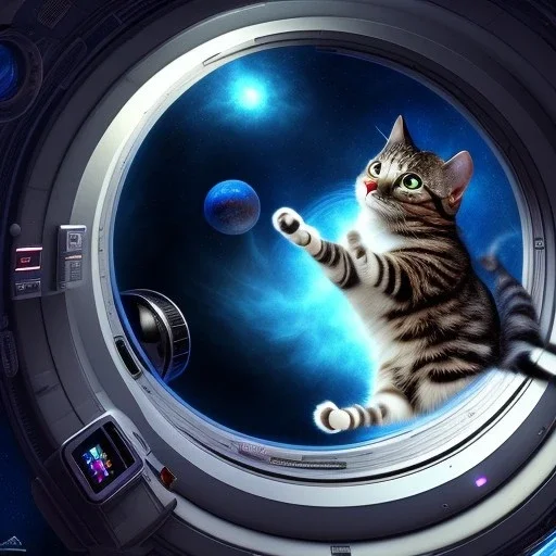 hyper-realistic spaceship interior with a floating astronaut and a pet cat, milkyway view through a porthole in background, 8k resolution, high-quality, fine-detail, detailed matte, intricate, 3D octane render, illustration, digital art, brian froud, howard lyon, anna dittman, greg rutowski,