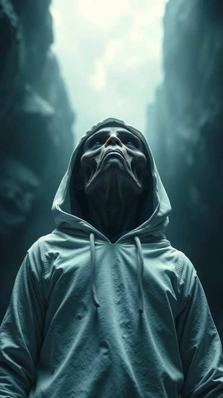 The creature from the the movie Prometheus with white hooded clothes looking up to the sky front view