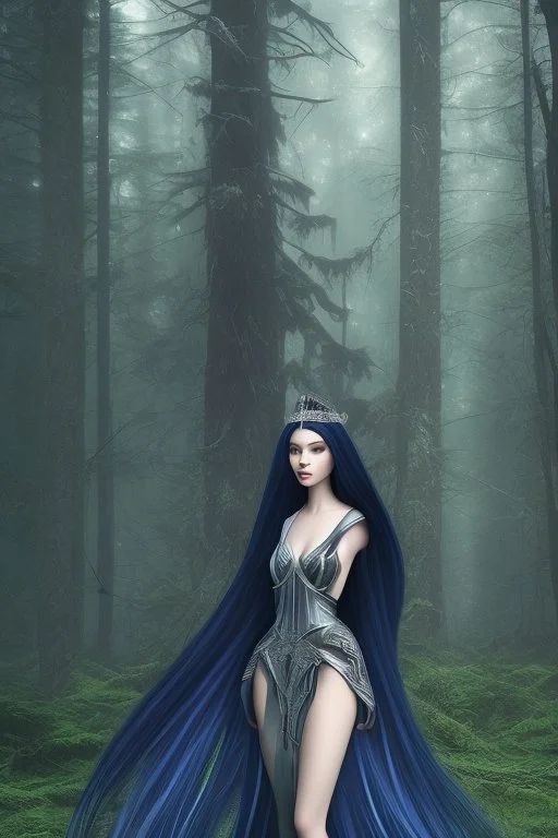 A princess in a dark indigo dress and very long black hair walks through a dark forest full of trees with her knight