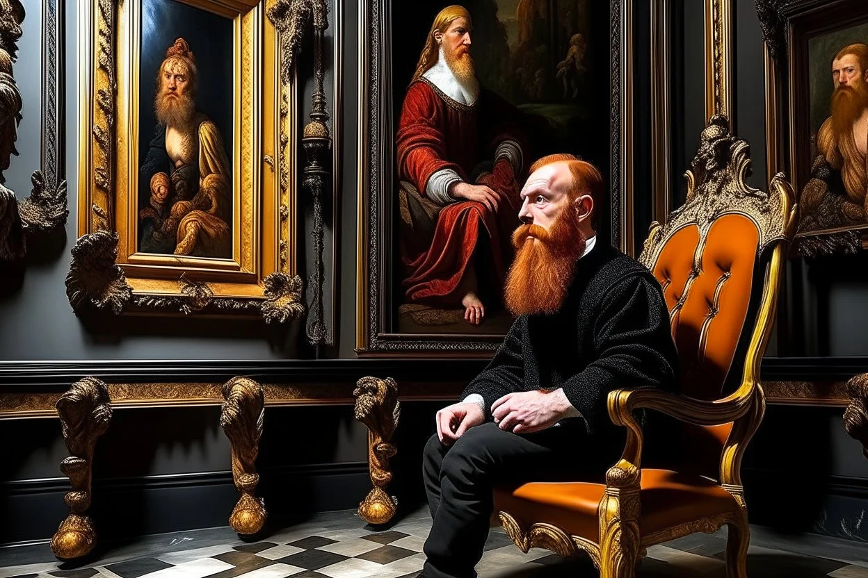 man with red beard sitting in a gothic armchair, golden armrests with trim, In the background a painting by Caravaggio covers the wall