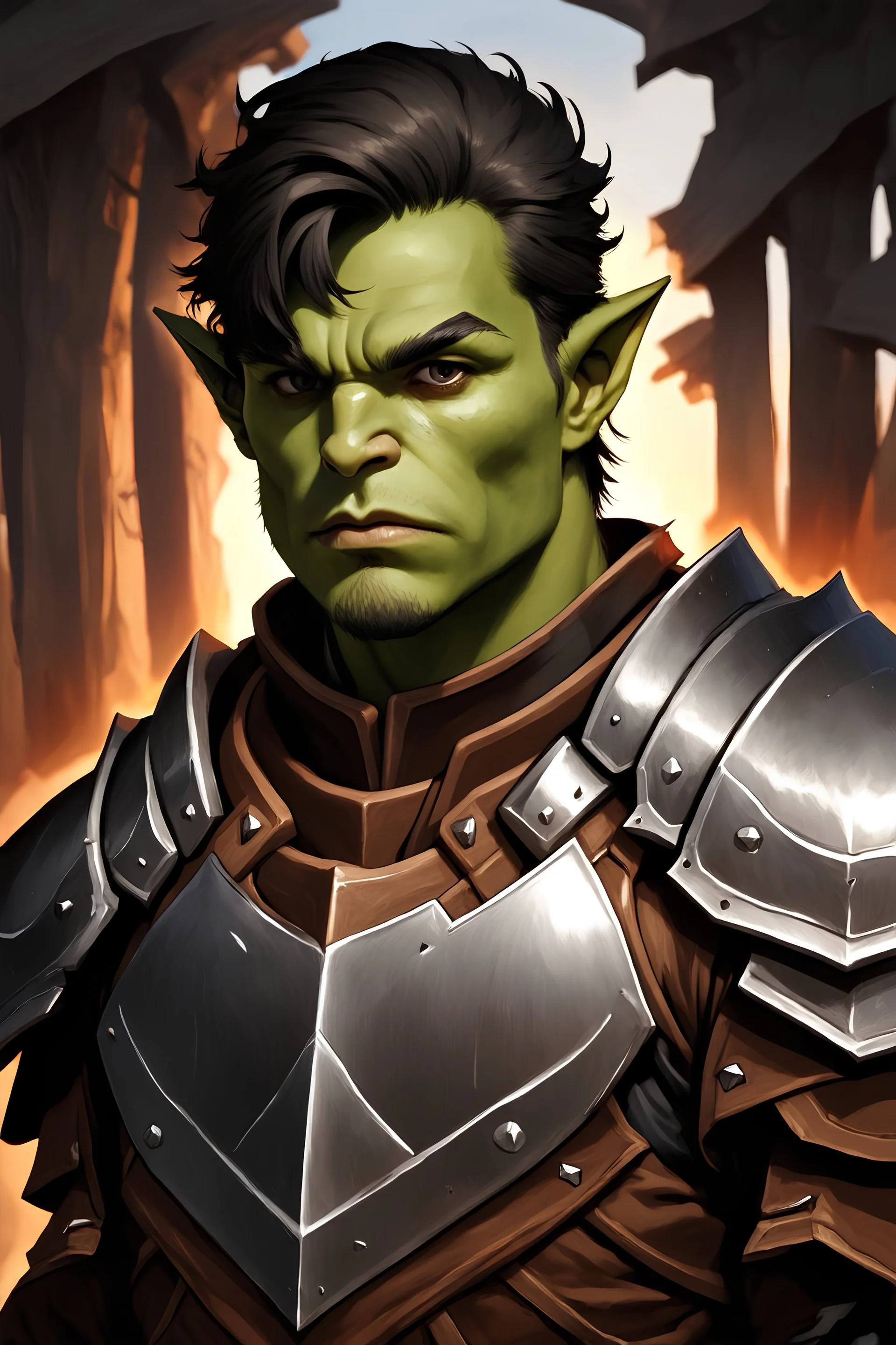 Portrait of a young semi orc, Paladin, in armor. Forgotten realms, whit abelt, Art Style.