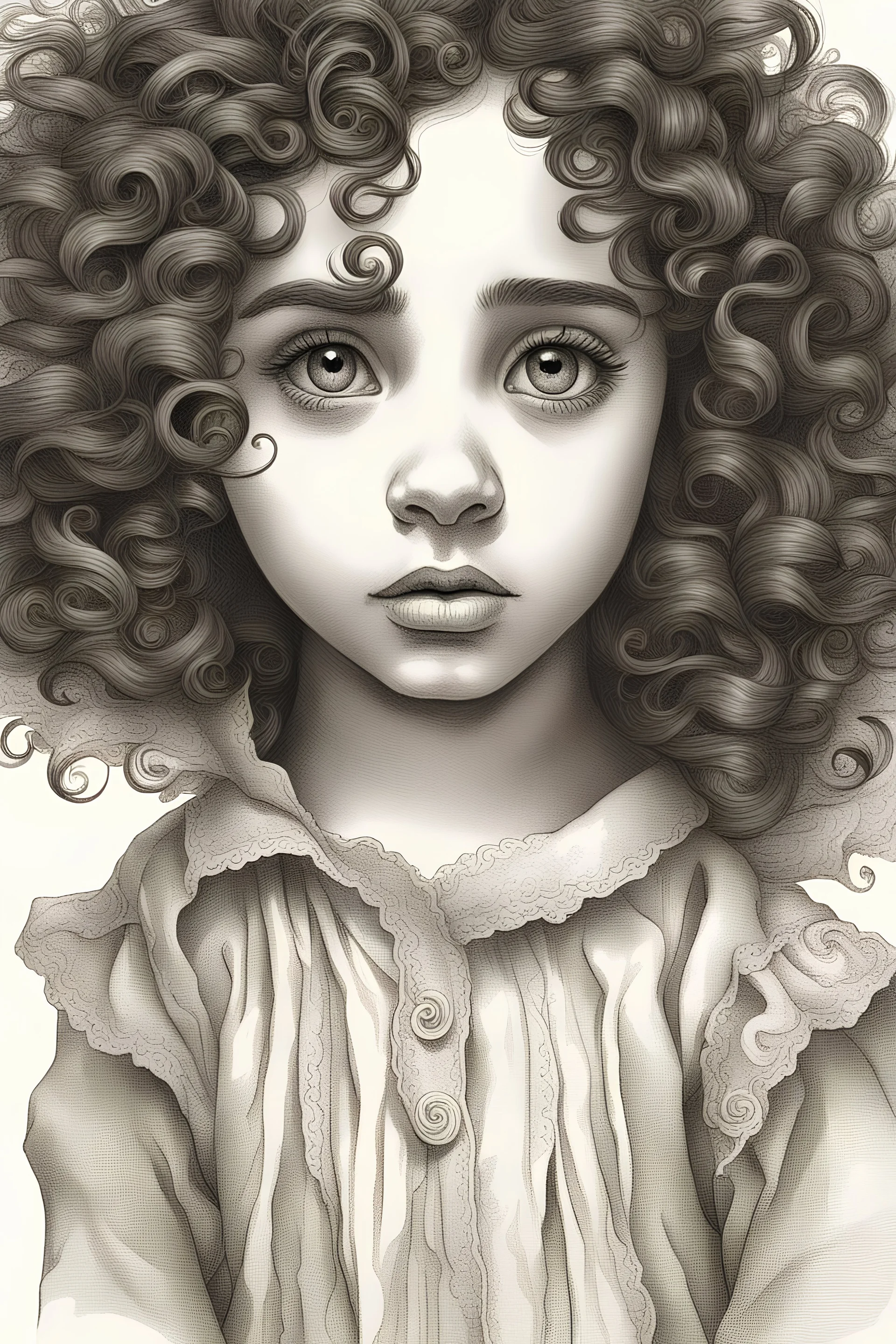young hispanic girl with curly hair, spooky classic drawings upclose of eyes