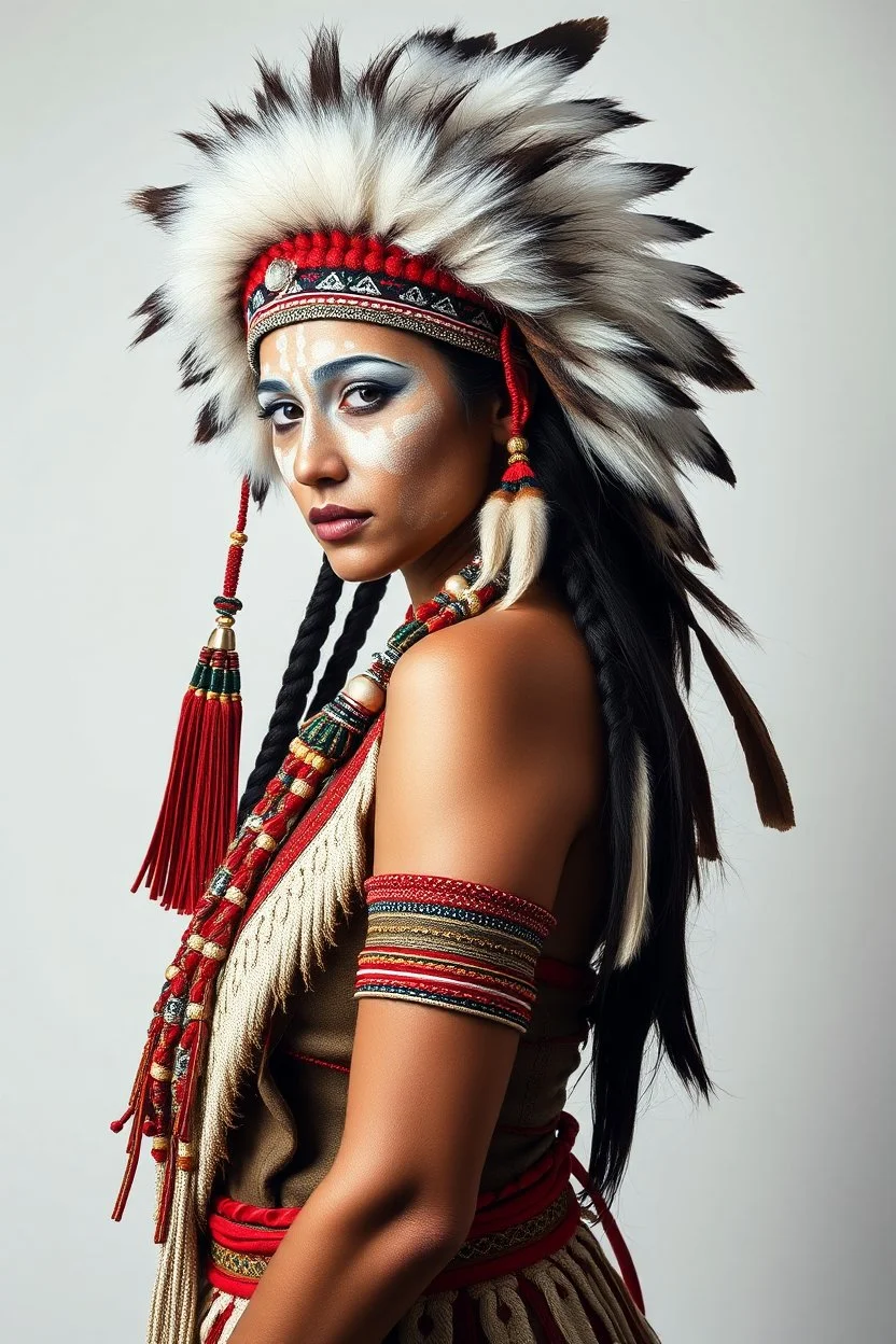 Traditional Native American , full body side view, looking at the viewer, white make up on her face, big hair with large hair ornaments, traditional si, studio photograph, very aesthetic, highly detailed, brilliant composition, hyper realistic, photorealistic, subsurface scattering matt painting