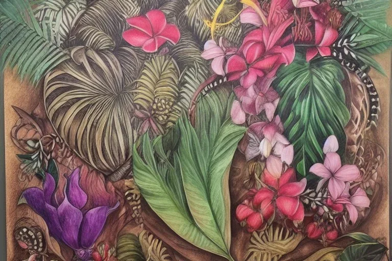 Lilith, Goddess, tropical flowers, realistic heart drawing, crystals, tropical leaves, sacred altar, Fantasy home.