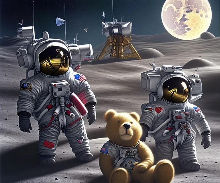 little boy and big teddy bears on moon. drifting in old bmw. oil on canvas