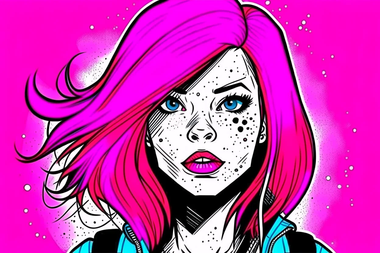 woman with pink hair like comics without feckles