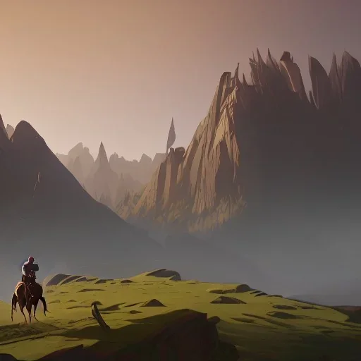  mountains with medieval knight traveling on a horse in the background