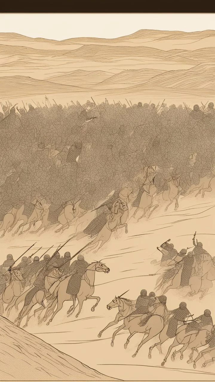 A picture of an Islamic battle with swords and horses, in the desert