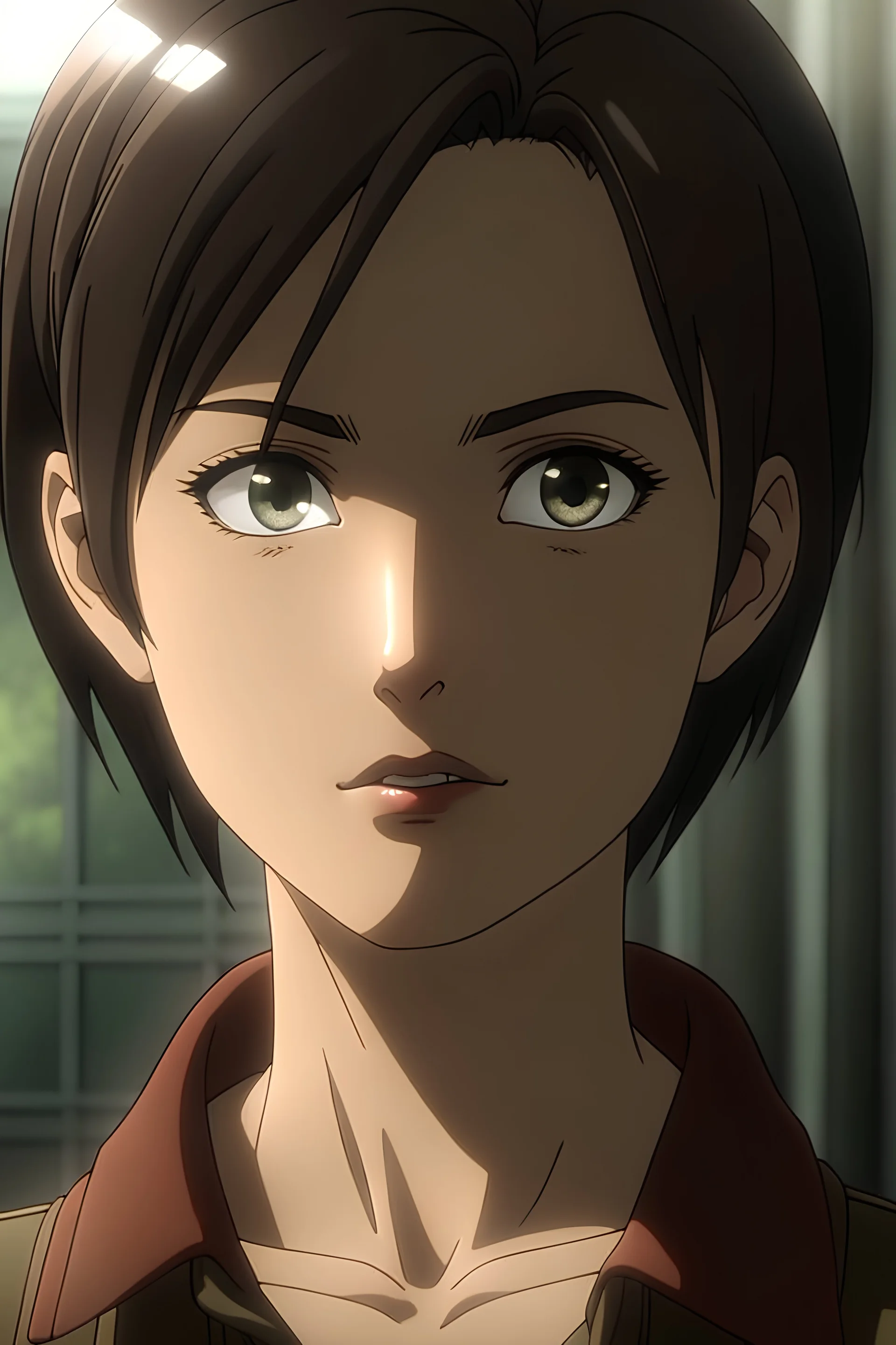 Attack on Titan screencap of an asian beautiful female with short, wavy black hair and brown eyes. With studio art screencap. season 1