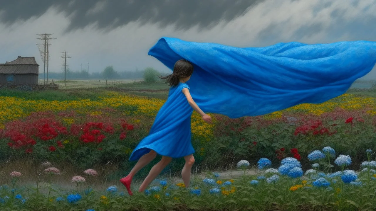 A woman running in a field of flowers with a floating blue sheet covering her head. On the horizon, a train can be seen on an elevated track.