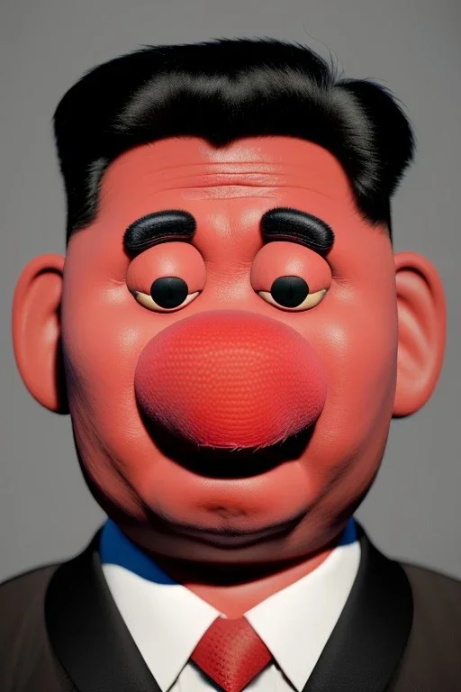 Waist up muppet Portrait, Kim Jong-un muppet doll, black suit, photo studio, red background, unreal engine 5, concept art, art station, god lights, ray tracing, RTX, lumen lighting, ultra detail, volumetric lighting, 3d.