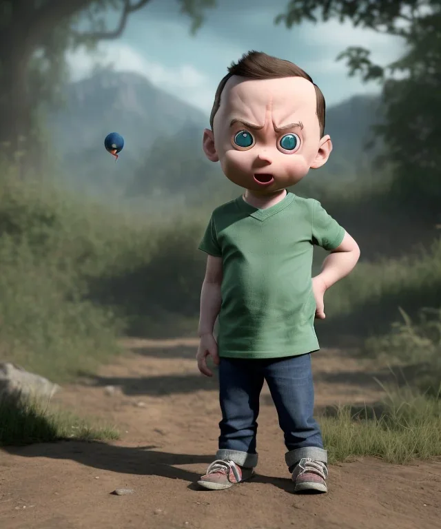 Sheldon cooper toddler, full body, dramatic lighting, angry, hyper realistic