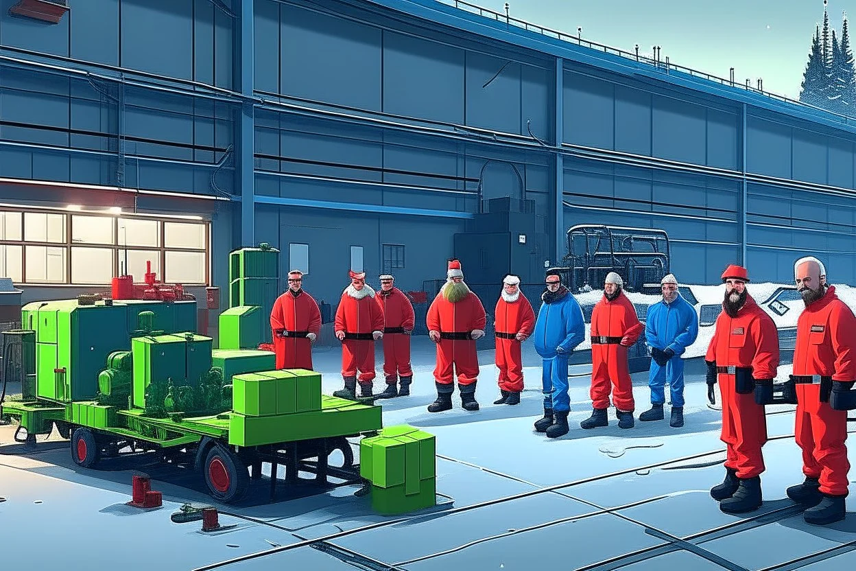 Santa Claus is visiting a factory and give them presents, cartoon style Simon Stålenhag