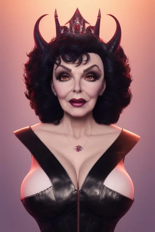 Joan Collins as evil queen in black leather, leather, busty, cleavage, angry, stern look. character design by cory loftis, fenghua zhong, ryohei hase, ismail inceoglu and ruan jia. unreal engine 5, artistic lighting, highly detailed, photorealistic, fantasy