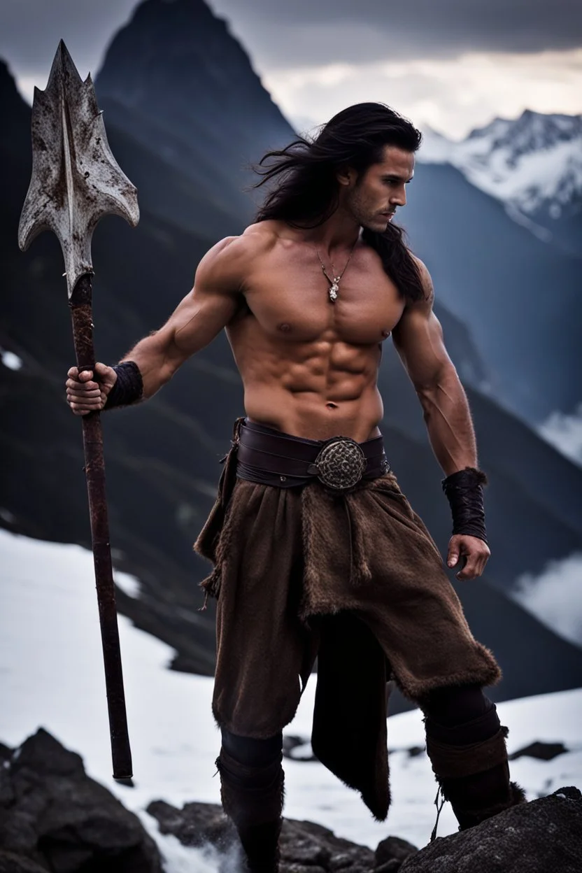 Handsome and muscular 30 year old shirtless mountain man long dark hair, dark fantasy, snow capped mountains