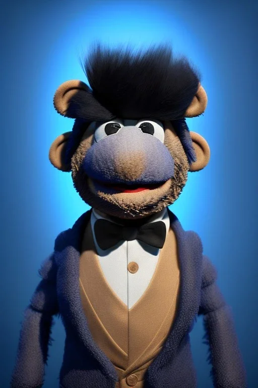 Waist up muppet Portrait, Xi Jinping as muppet doll, Black suit, photo studio, blue background, unreal engine 5, concept art, art station, god lights, ray tracing, RTX, lumen lighting, ultra detail, volumetric lighting, 3d.