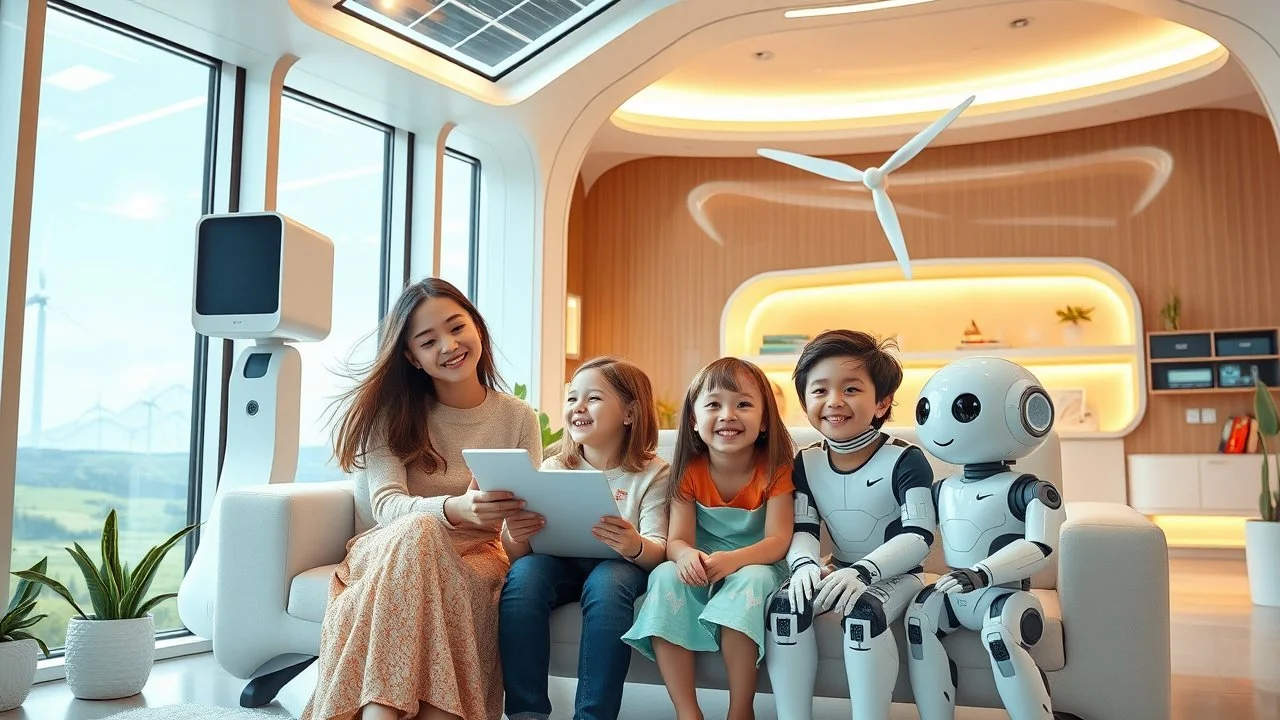 Futuristic family living in a luxurious future home, exciting technology, sustainable technology, solar power, water turbine, wind turbine, happy children, beautiful clothing, happy robots, colour photograph