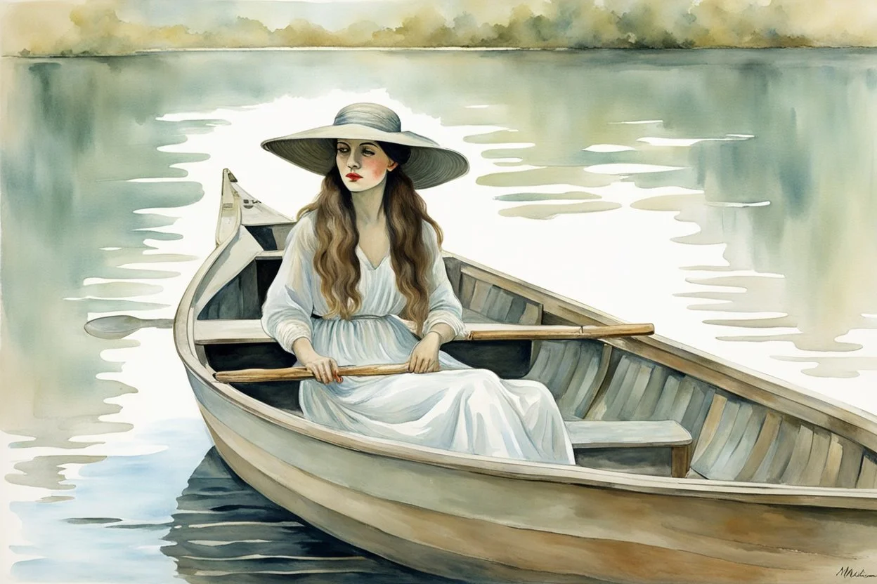 A long hair nice woman in a long vintage dress and hat sitting in a boat and looking into the water, her reflection in the water, pale colors, black and white colors, peaceful mood, minimalist background, watercolor, style by Waterhouse, Cezanne, Jian Wu, Claude Monet, Christine Misencik-Bunn