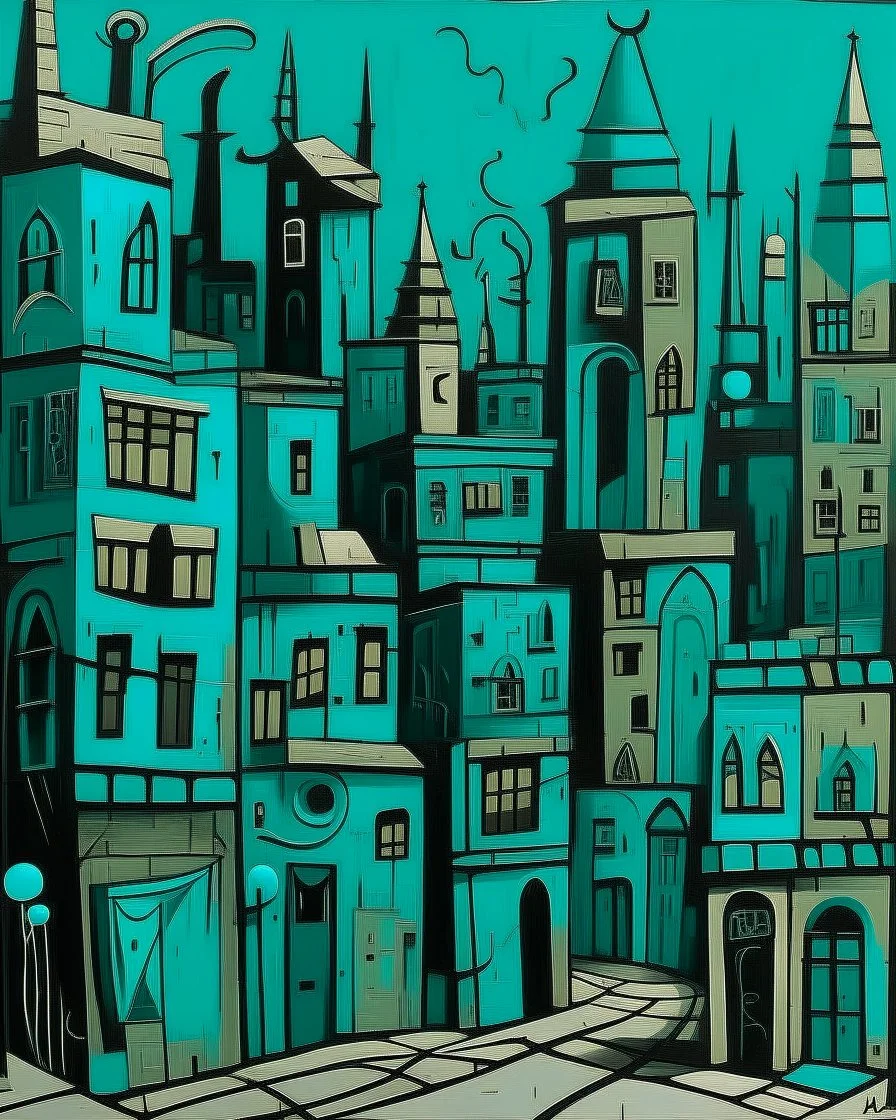 A blackish teal abandoned broken city with hovering buildings designed in ancient Egyptian pottery painted by Stuart Davis