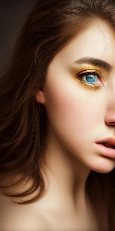 Studio portrait photo of a hot and decisive woman age of 20, gray cat eyes, brown hair,very detailed face, studio lighting, fantasy, golden ratio, sharp focus color, corrected hyper detailed pino daeni