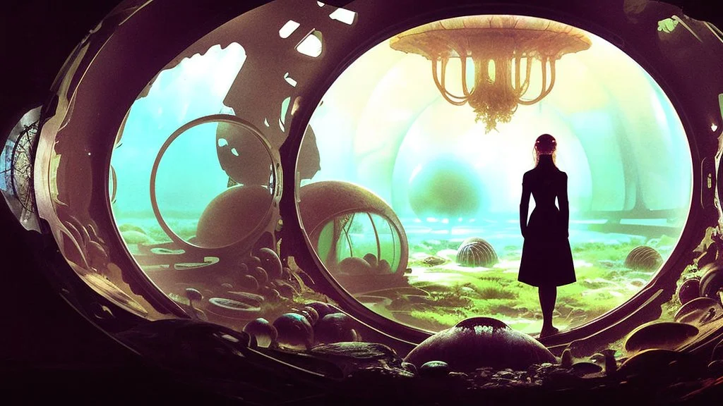 woman standing inside the interior of a ruined alien spaceship, with a circular window, overrun with mushrooms with jellyfish tentacles