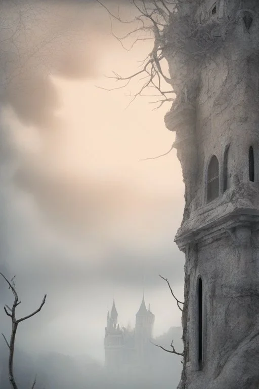 surrealis monochrome A fragmented, surreal sculpture liguid color of photorealistic image 3d,psychedelic art of an castle glossy emerging from dreamlike a crumbling building. The face appears pale with deep cracks and intricate details, evoking a haunting expression. Blackened tree branches intertwine with the gold mengkilat cracks, set against a backdrop of stormy, cloud-filled skies. bauhaus art The overall tone is dark and moody, suggesting themes of decay and transformation.fine line draw st