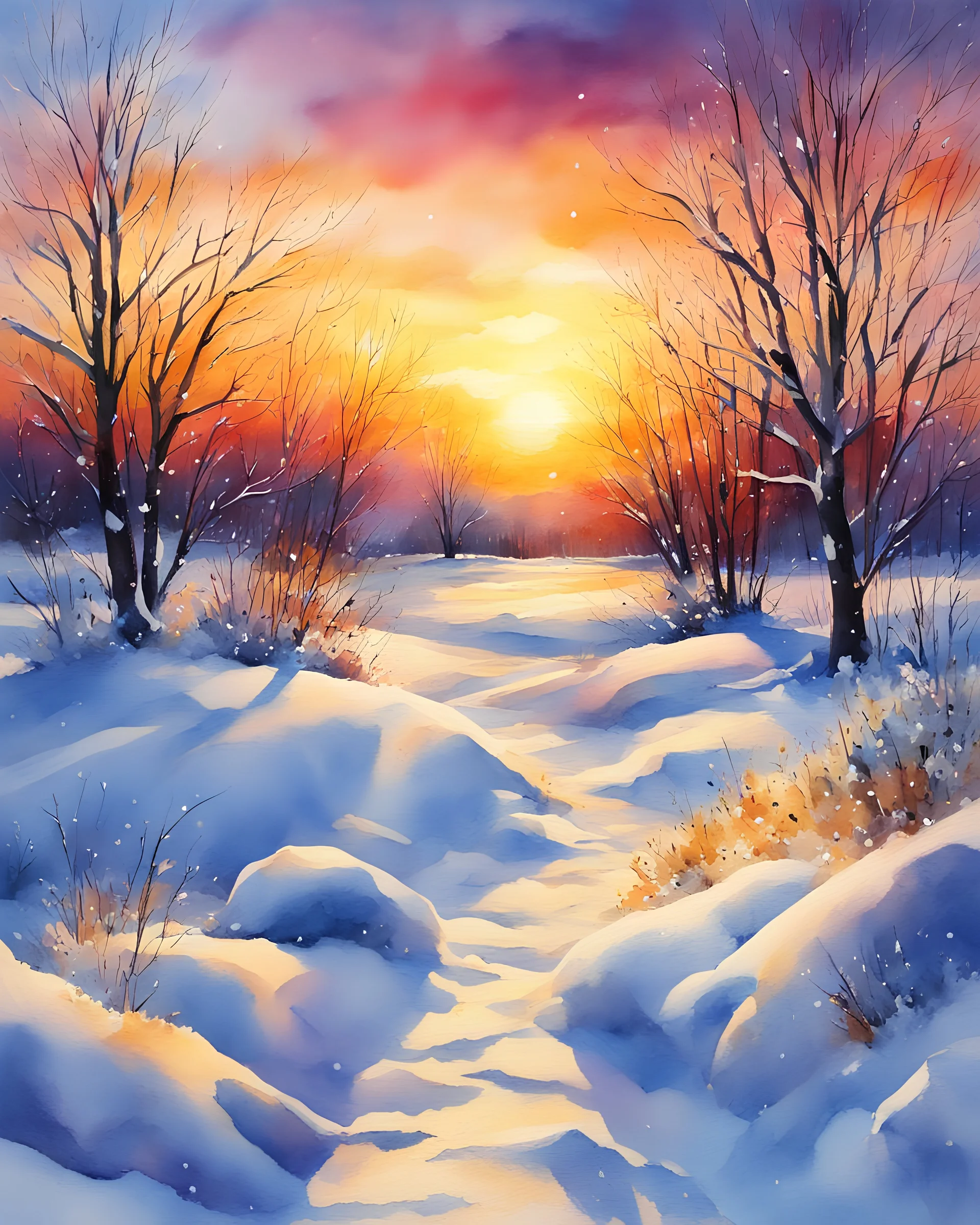 Painting of a snowy winter sunset on the plain, watercolor painting, watercolor painting style, beautiful painting, winter, snow, sunset, vibrant colors, masterpiece, detailed watercolor details, high quality, 4k