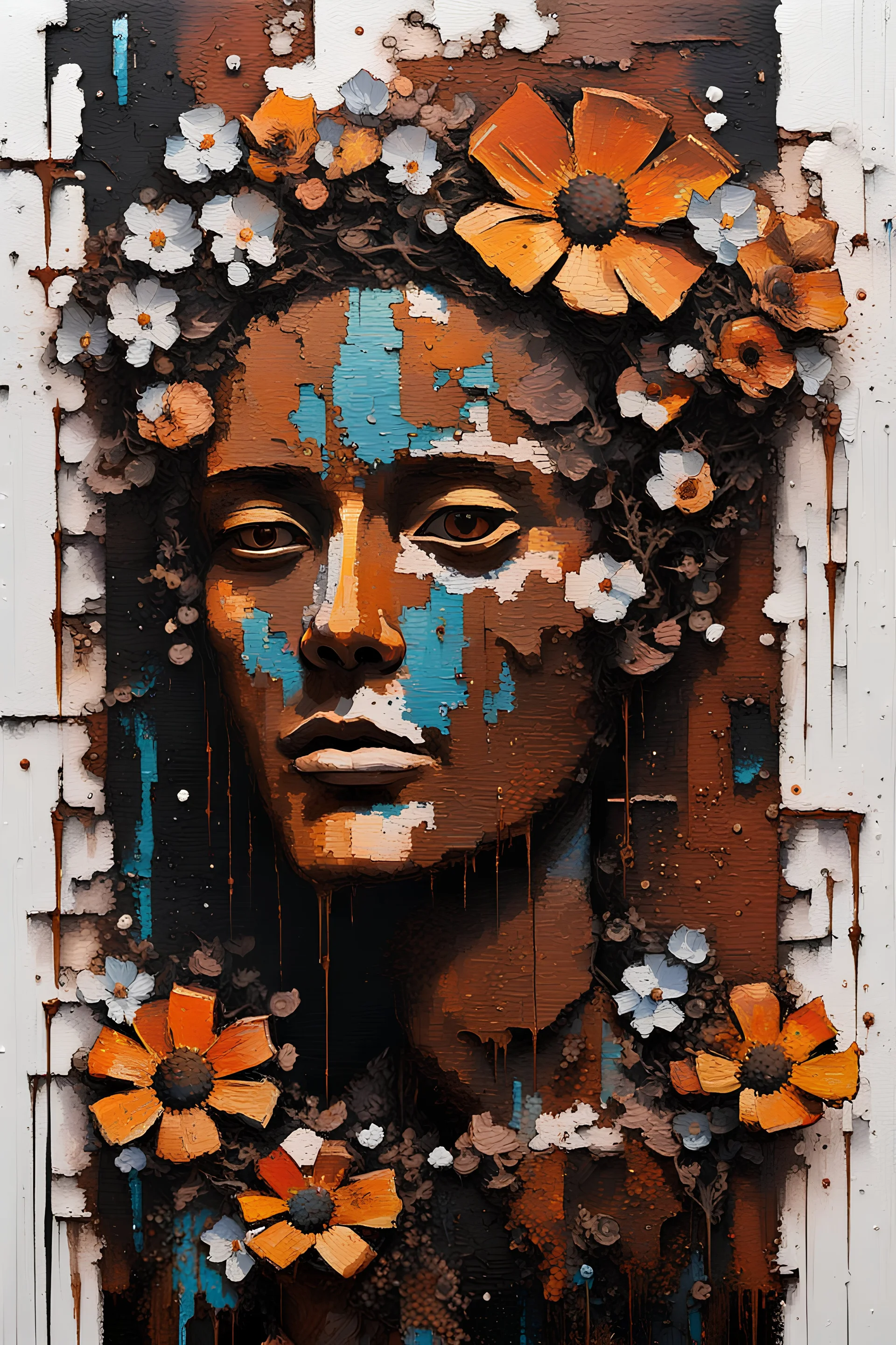 an abstract painting of rusted metal and flowers, CryptoPunks , rust, scaffolding, iron cladding, decay, mixed media, textured, anatomically correct, beautiful perfect face, sharp focus, highly detailed; romantic-impressionism expressionist style oil painting,-impressionist impasto acrylic painting, thick layers of black textured paint,ultra reality,bright colors,8k,thick white paint,silver and white,Free will is a black herring; Klimt; Hundertwasser; controversial; stupendous; transcendent,