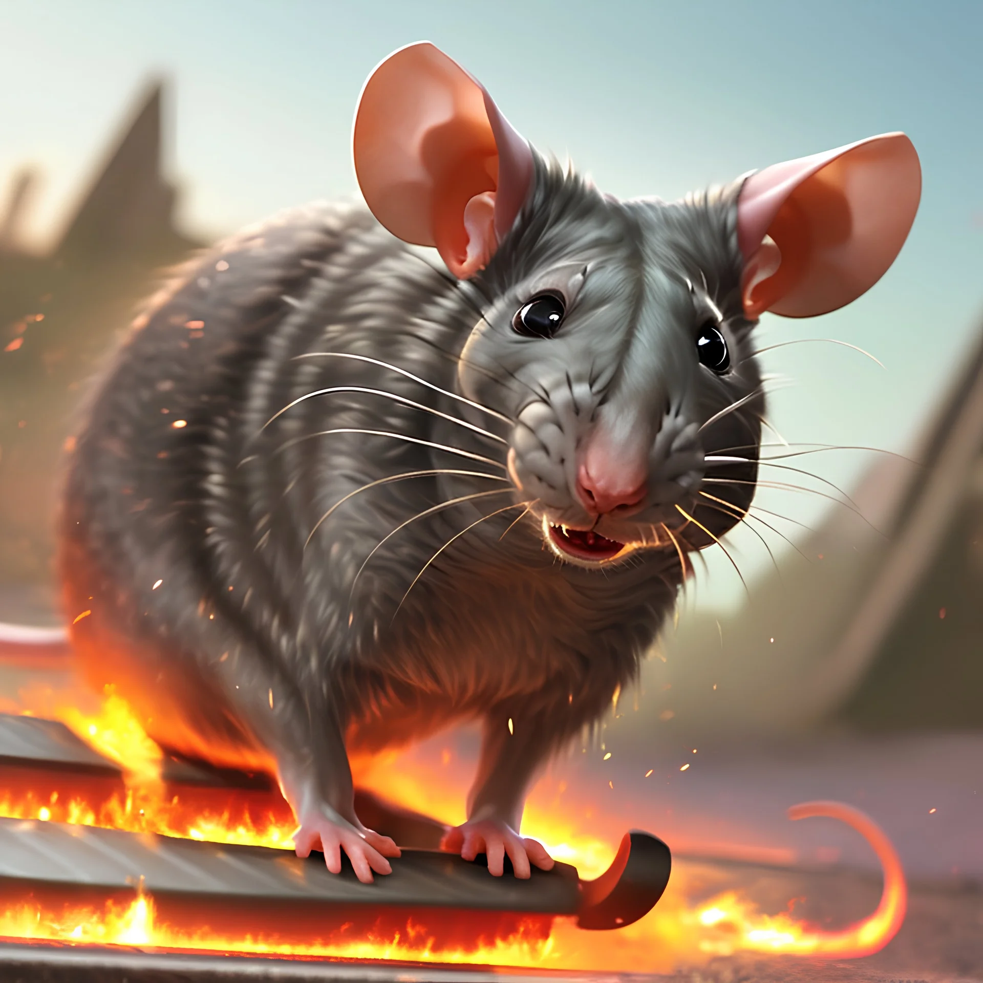 imagine; a rat on a humvee with a big super charged engine in the back on racing slicks; the rat is grey, hairy with googles and baseball cap on ; the rat has a menacing expression his face; fire coming from the engine exhaust; vivid colors; pixar style, the borders fade to black ; colorful and bright image