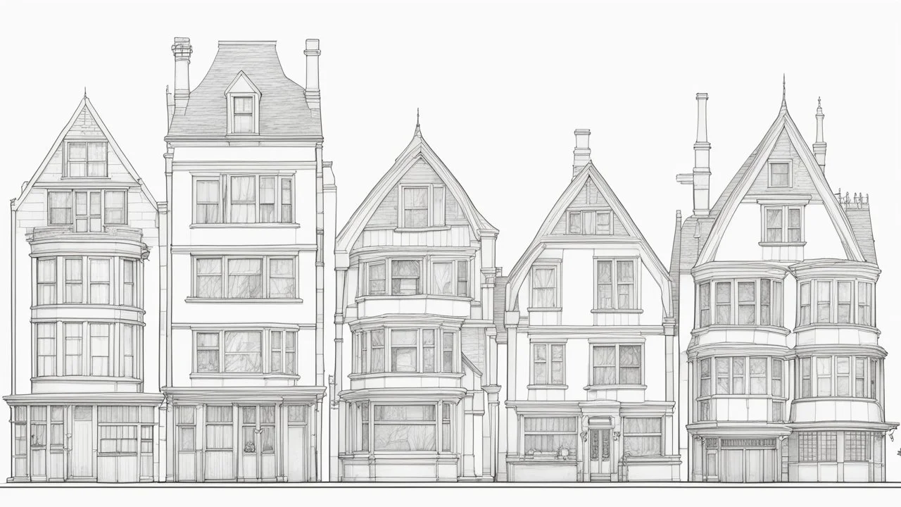 A highly detailed front elevation line drawing of a row of fantasy houses of different heights with tall chimneys, rooms and floors added to sides and roofs, like Harry Potter's Diagon Alley, inspired by Moebius