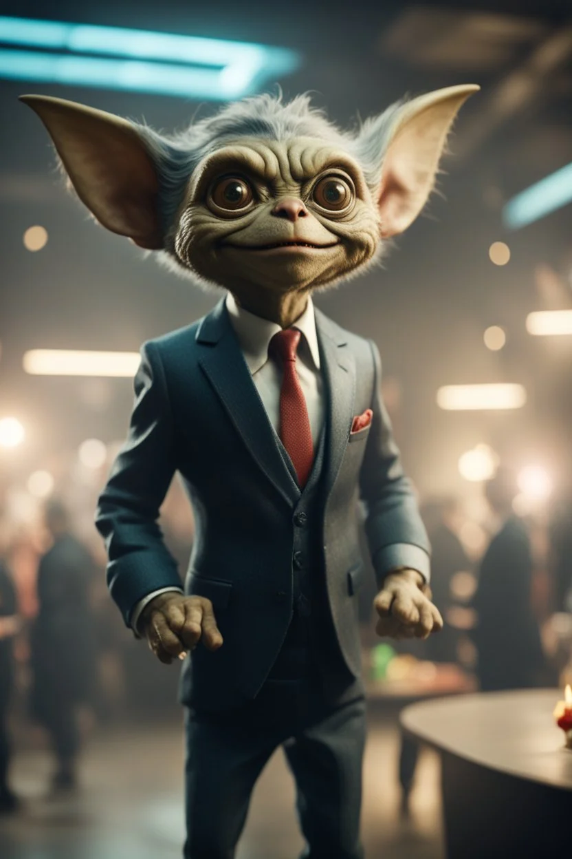 portrait of gremlin in suit flying in a birthday party in wind tunnel, in the style of a fallout 4,bokeh like f/0.8, tilt-shift lens 8k, high detail, smooth render, down-light, unreal engine, prize winning