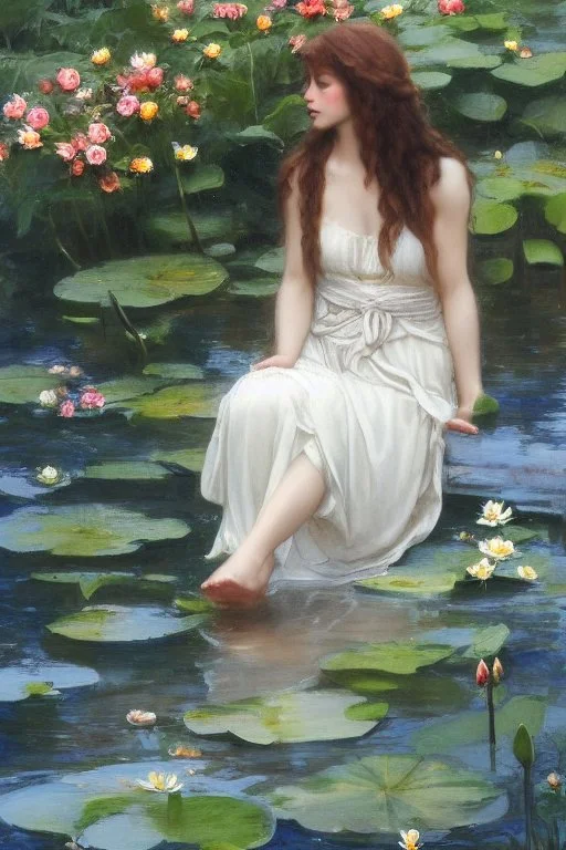 a beautiful woman with long brown hair in a romantic floral dress sits contemplatively on a pier, her feet in the water, white water lilies floating on the water extremely detailed intricate very attractive beautiful crisp quality Michelangelo Daniel Gerhartz in sunshine