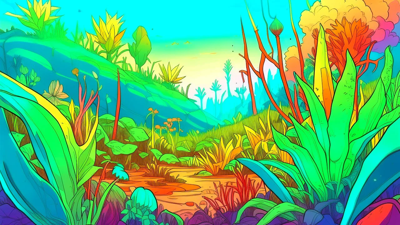 comic style, highly detailed ,gorgeous otherworldly landscape, otherworldly plants