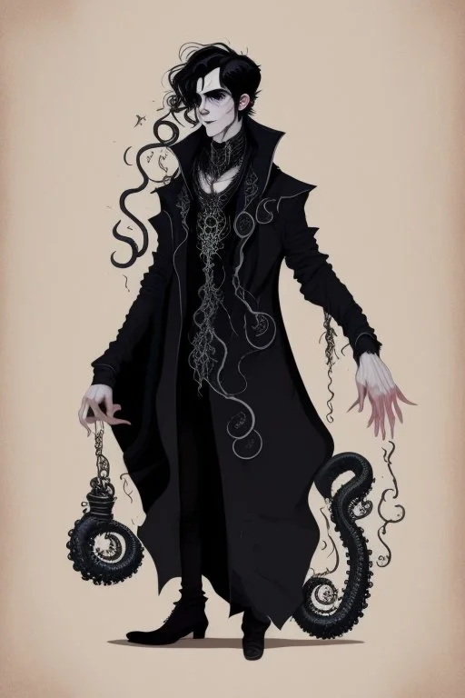 black haired young man necromancer wizard with gothic jewelry and tentacle fingers in the style of Fyodor Pavlov