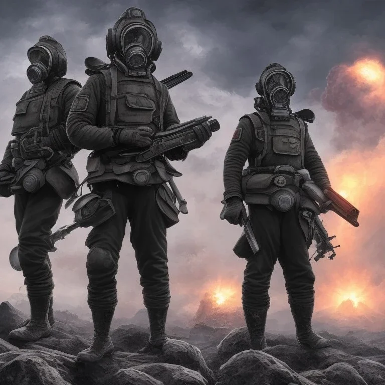 3 hommes en uniformes russes 2022, masque à gaz noir, 4k, réaliste, paysage dévasté, explosion nucléaire en fond, missile dans le ciel, couleurs vives