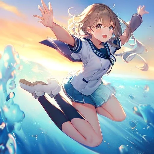 Clear focus,High resolution, Girl wearing a sailor uniform jumping