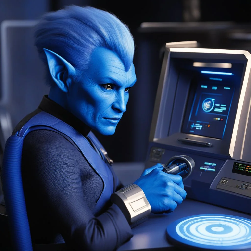 [the tricorder is plugged with a cable on the console] The Andorian communication officer delicately plugged the tricorder into the console, the soft blue light casting a gentle glow over their indigo skin.
