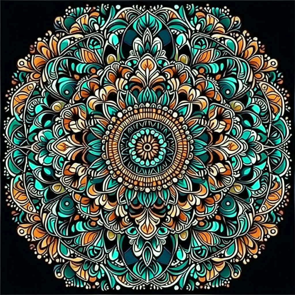 Mandala . Round. The mandala depicts a mystical botanical motive. Thin lines. Ornament. Rich colors.